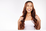 Beauty, hair and portrait of woman in studio for hair care, style and hair growth on white background mockup. Face, haircare and girl model in Mexico for wellness, pamper and luxury hair product