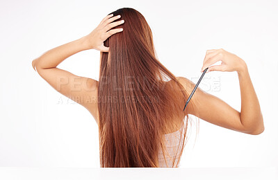 Buy stock photo Hair care, beauty and wellness with comb in studio for luxury  hair growth, spa salon and model cosmetic keratin shampoo care. Woman, brush long hair and straight hair maintenance in white background