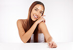 Woman, portrait and skincare with happy smile, cosmetics and face beauty, makeup and white studio background mockup. Latino model from brazil with cosmetics, skin care and self love or happiness