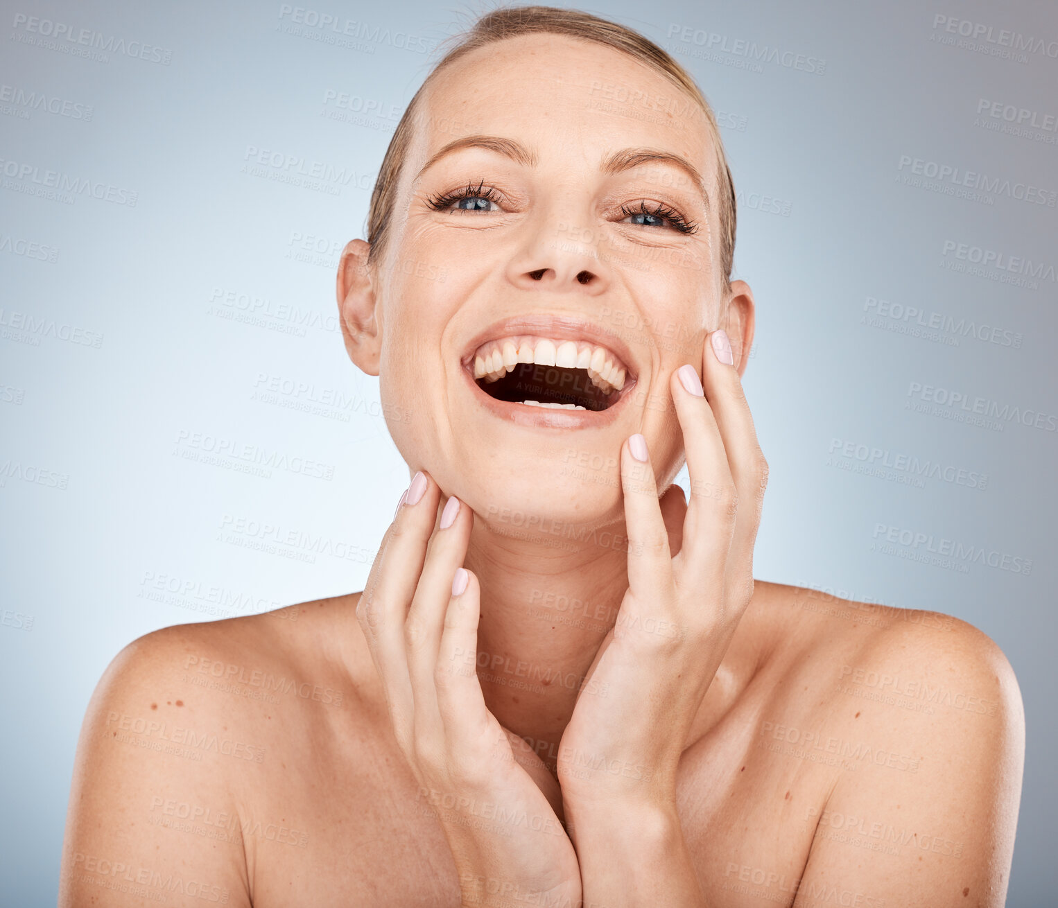 Buy stock photo Woman, laugh or skincare face glow on grey studio background mock up in wellness, cosmetic or dermatology routine. Portrait, smile or beauty model and skin or happy facial expression for skin care