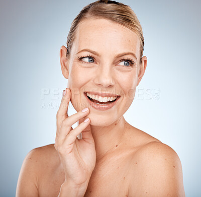 Buy stock photo Woman, teeth and smile for beauty skincare cosmetics, makeup or facial treatment against a grey studio background. Happy female model face smiling for clean oral hygiene, gum or mouth care on mockup