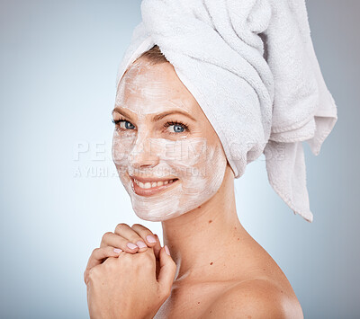 Buy stock photo Portrait, shower and skincare with a model woman in studio on a gray background for facial treatment or hygiene. Face, mask and natural antiaging with an attractive young female in the bathroom