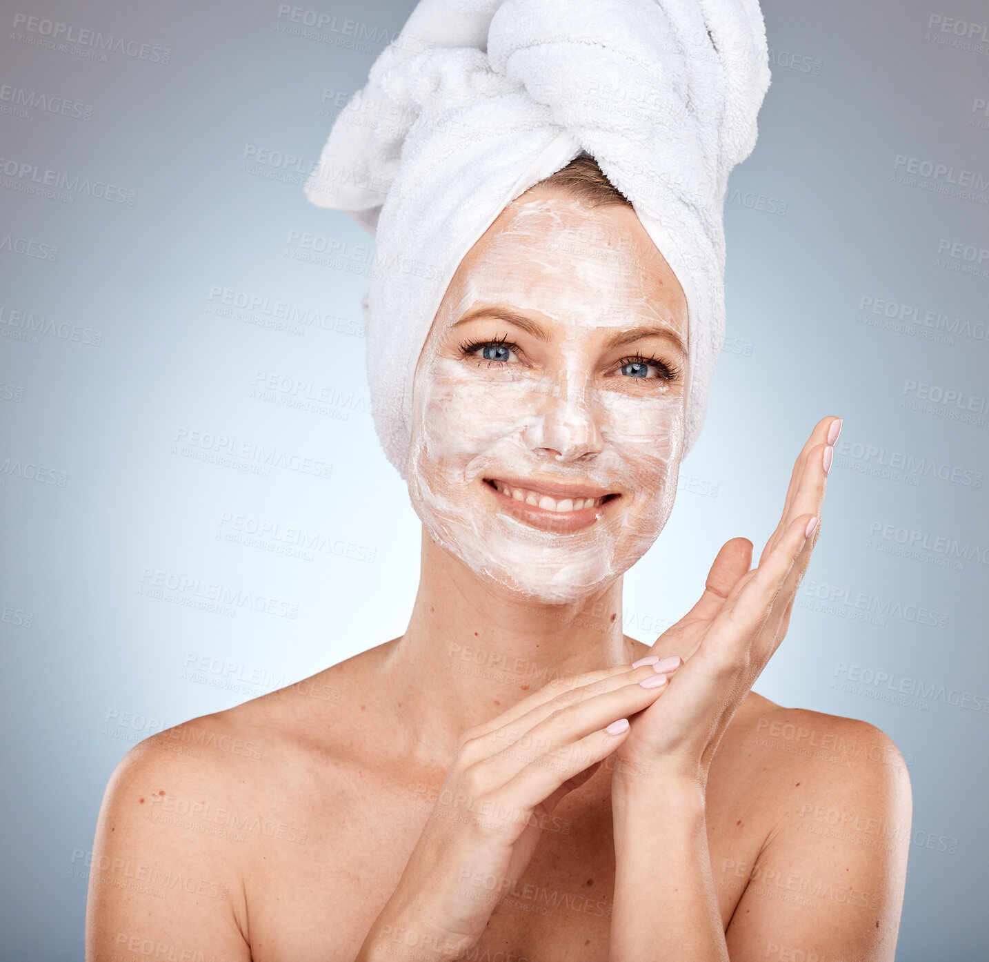 Buy stock photo Skincare, face mask and portrait of woman in studio for beauty, cosmetics cleaning and cream product for marketing, advertising or promotion. Facial, collagen and dermatology of model face and hands