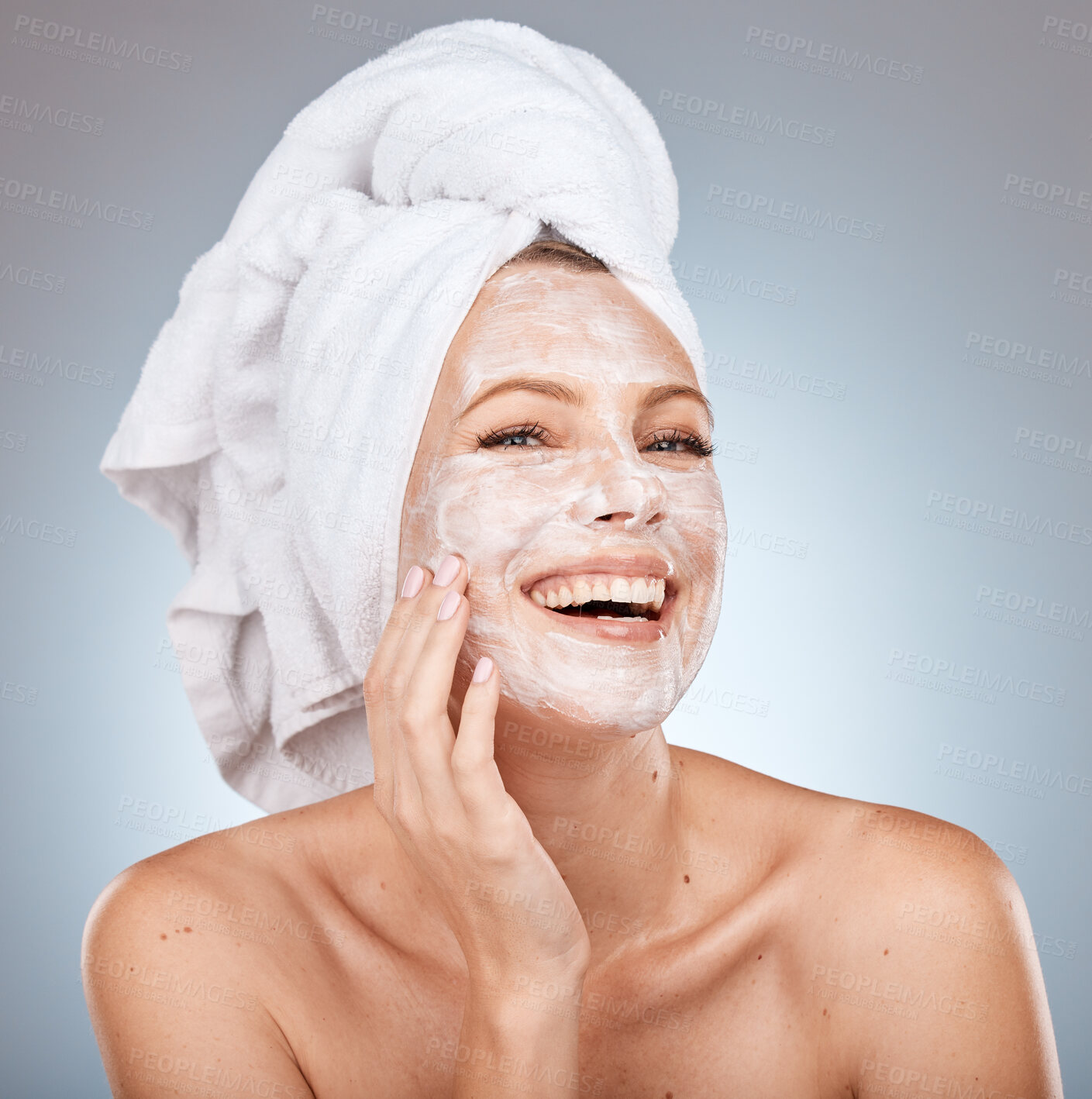 Buy stock photo Skincare, facial cream and woman with mask on gray background studio for wellness, beauty and spa. Dermatology, cosmetics and happy girl with moisturizer, facial mask and skincare products for face