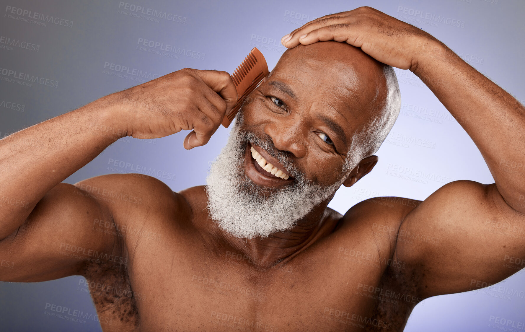 Buy stock photo Senior man, comb and grooming beard, happy smile and face with skincare, clean and healthy in purple studio background. Black male, portrait and happiness for skin care, hygiene and facial self care