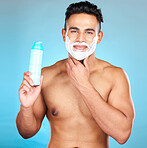 Man, facial beauty and shaving foam for beard grooming care portrait, hair removal or cosmetics hygiene in studio. Luxury skincare wellness, happy skincare treatment and shave face in blue background