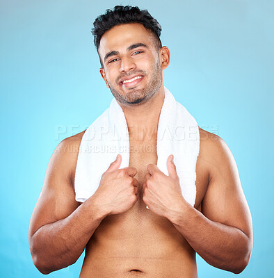 Buy stock photo Man, skincare and healthcare for clean living health wellness, body care hygiene and healthy lifestyle advertising on blue background. Portrait of cosmetics model, towel or skin care shower mockup  
