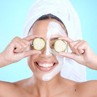 Buy stock photo Cream, facial and woman with cucumber on eyes, happy portrait with cosmetic mask and detox. Skincare, beauty and cool face mask on happy model with smile with luxury cleaning skin care spa product