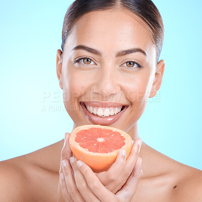 Buy stock photo Beauty, grapefruit and portrait of woman with skincare glow, facial treatment and vitamin c food for health detox. Fruit diet product, nutritionist girl and model face with natural cosmetics routine