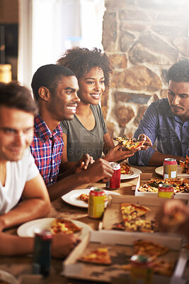 Buy stock photo Friends eat pizza, lunch and food at restaurant with fun together on friendship date, party or celebration. Fast food, table and social gathering, event and dinner meal with soda in Chicago diner.
