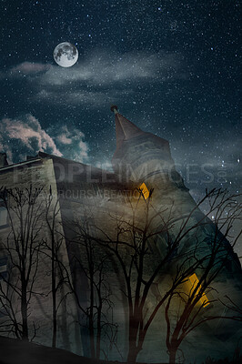 Buy stock photo Fantasy, architecture and castle with moon and the night sky for creative medieval building with design, halloween and horror. Fog, clouds and trees with stone mansion for scary, forest and dark art