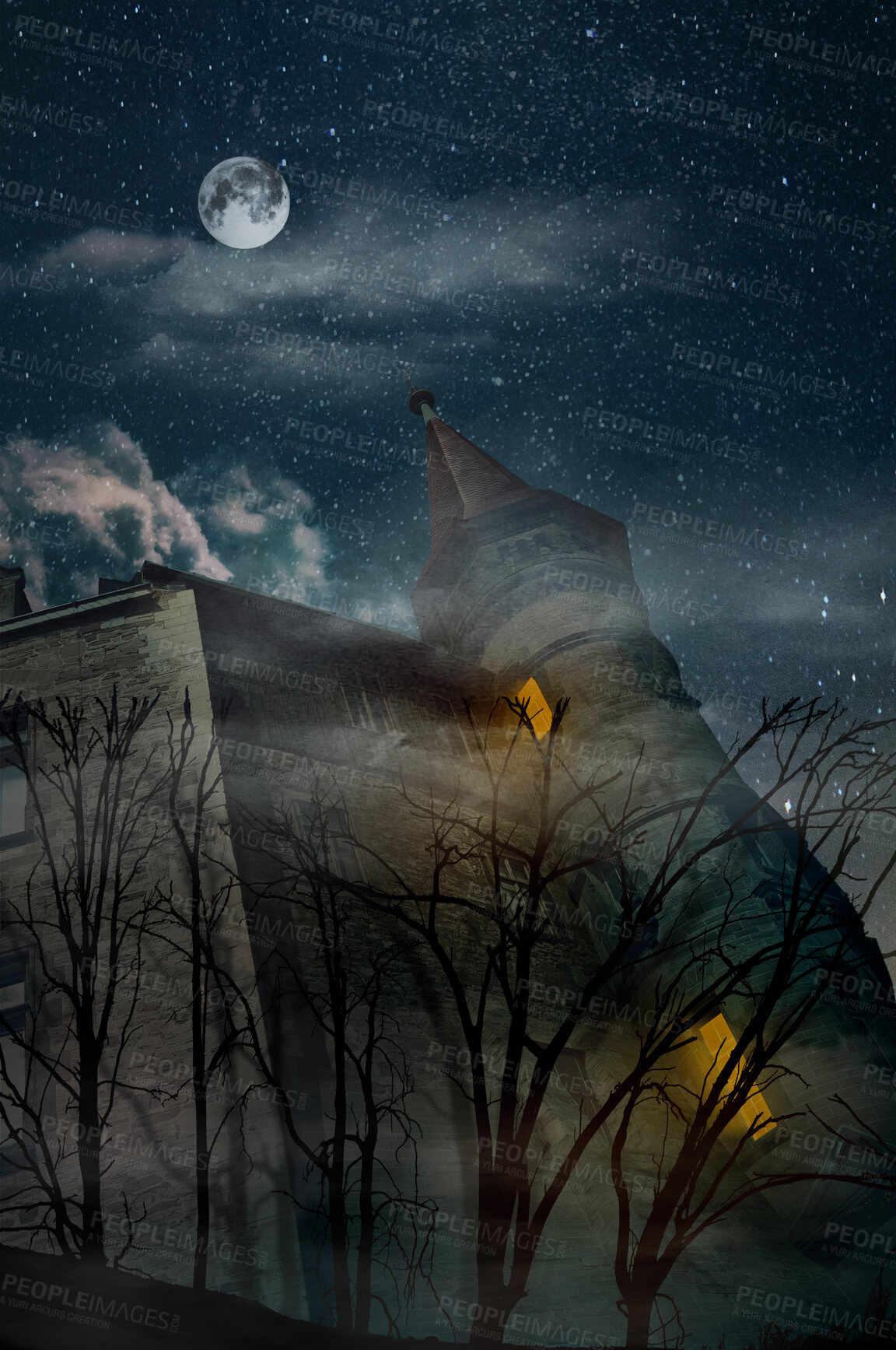 Buy stock photo Fantasy, architecture and castle with moon and the night sky for creative medieval building with design, halloween and horror. Fog, clouds and trees with stone mansion for scary, forest and dark art