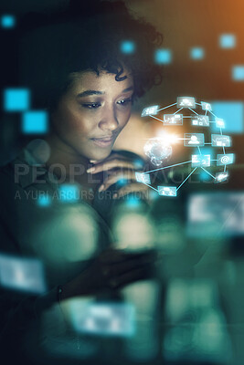 Buy stock photo Woman, futuristic hologram and UX technology with an abstract iot digital transformation network. IT girl doing big data analytics, telecommunication overlay and online crypto blockchain in an office