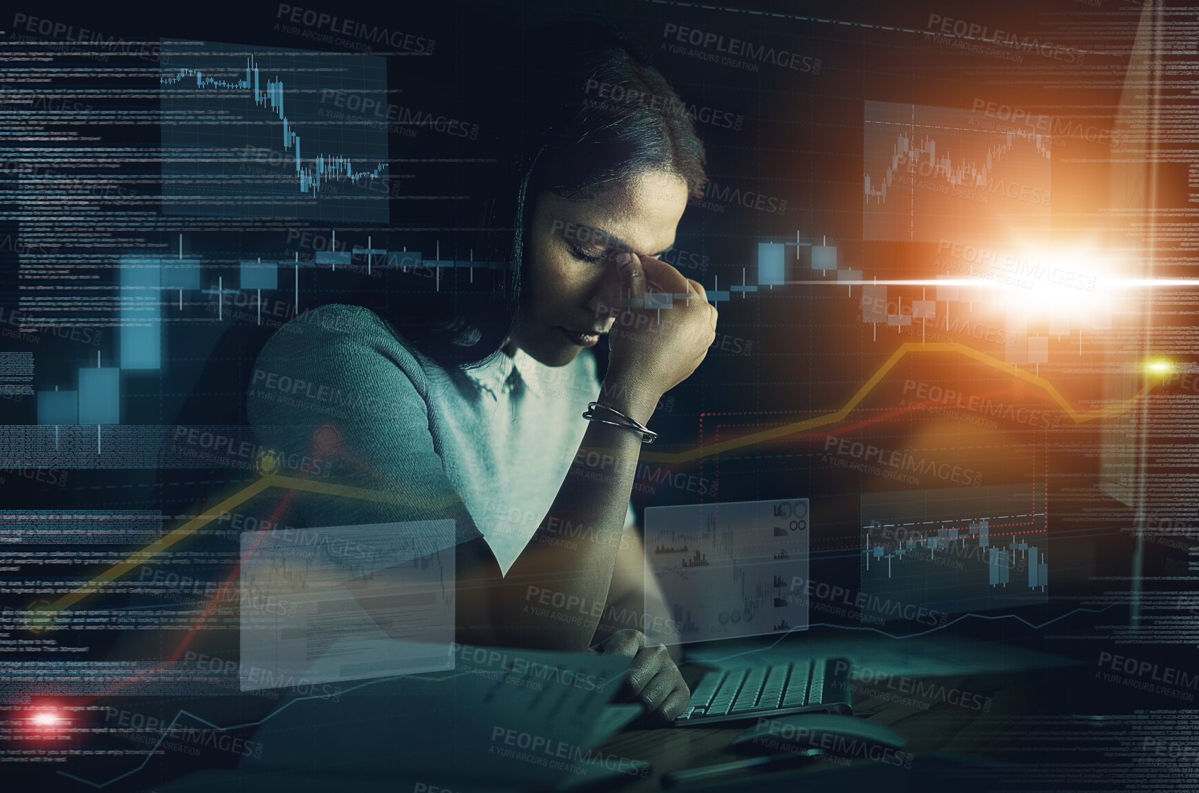 Buy stock photo Future stock market, finance loss or woman for cloud computing, hologram or futuristic 5g network, headache or depression at night. Employee, manager or worker with mental health for 404 pc glitch