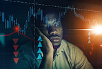Stock market crash, business man sad, depressed or tired in dark background mock up and data overlay. Accounting, finance and forex investor with chart or graph arrow analytics for fintech or trading