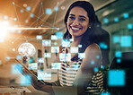 Woman, AI and digital tablet in big data working at the office with smile for virtual technology. Portrait of businesswoman on touchscreen smiling for futuristic networking, communication or hologram