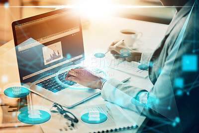 Buy stock photo Data, digital transformation and laptop with hands of woman typing for communication, networking and technology abstract. Social media, futuristic and internet with employee working on iot innovation