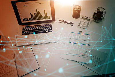 Buy stock photo Business laptop screen, digital chart overlay and finance report for company profit with information technology innovation lens flare. Accounting, financial data network graphic marketing background