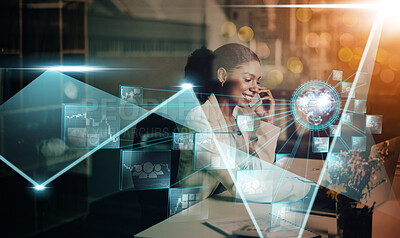 Buy stock photo Black business woman, phone or cloud computing hologram for futuristic 5g UX technology, networking analytics or big data strategy. Network, iot or digital information for big data or stock market