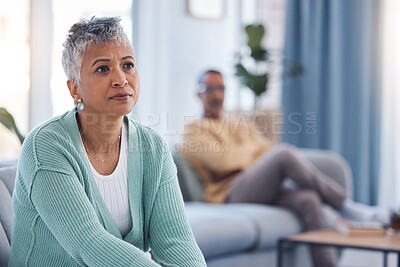 Buy stock photo Divorce, fight and sad with couple in living room for depression, fail marriage and toxic partnership. Angry, conflict and frustrated with man and woman on sofa for mental health, crisis and argument