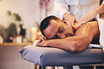 Sleep massage, spa therapy and man with luxury care, hotel wellness and muscle relax with hands of massage therapist. Zen hospitality, sleeping treatment and person at a salon for holiday relaxation