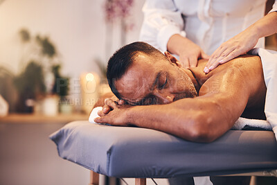 Buy stock photo Sleep massage, spa therapy and man with luxury care, hotel wellness and muscle relax with hands of massage therapist. Zen hospitality, sleeping treatment and person at a salon for holiday relaxation