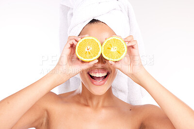 Buy stock photo Orange, woman and skincare for wellness, smile or facial to relax, smooth or clean skin. Cosmetics, female or girl with citrus, happy or natural beauty for confidence, vitamin c and healthy lifestyle