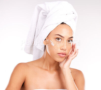 Buy stock photo Skincare, facial cream and portrait of woman with lotion for beauty treatment, morning bathroom routine or face hydration glow. Dermatology ointment, spa salon and model with luxury cosmetics product