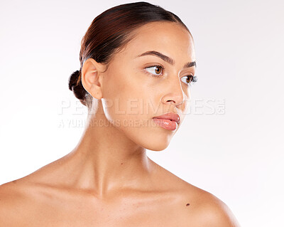 Buy stock photo Face, beauty and skincare with a model black woman in studio on a gray background for natural treatment. Luxury, wellness and facial with an attractive young female posing to promote skin care