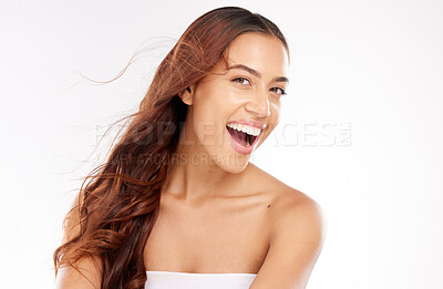 Buy stock photo Portrait, face and beauty with a model black woman in studio on a white background for skincare. Happy, smile and cosmetics with an attractive young female posing to promote natural hair care