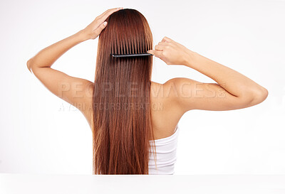 Buy stock photo Hair care, brush and back of woman with comb for haircare maintenance, self care grooming or healthy beauty treatment. Strong hair growth, spa salon hairstyle or model girl combing clean shampoo hair