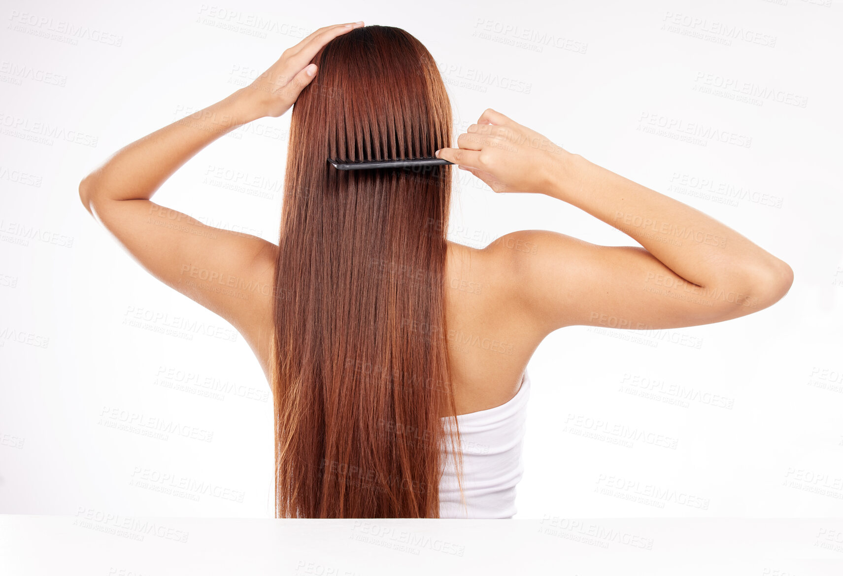 Buy stock photo Hair care, brush and back of woman with comb for haircare maintenance, self care grooming or healthy beauty treatment. Strong hair growth, spa salon hairstyle or model girl combing clean shampoo hair