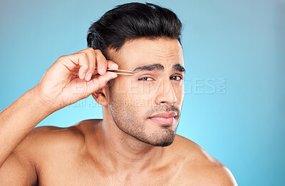 Buy stock photo Eyebrow hair, tweezers and portrait model doing hair removal routine, beauty grooming or eyebrows maintenance treatment. Face cleaning tools, spa wellness salon or man with self care bathroom product