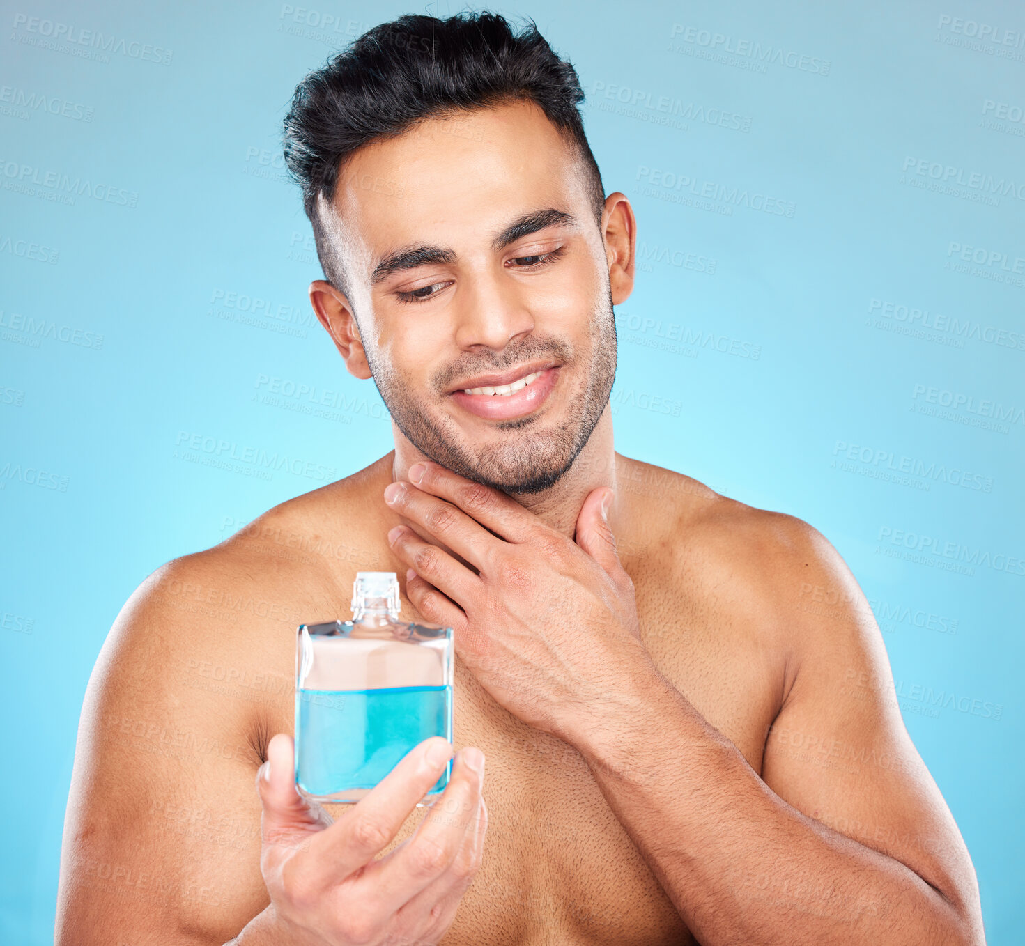 Buy stock photo After shave, skincare product and man happy about beauty cleaning, skin luxury and wellness. Healthy male model with happiness from facial, cosmetic health and face dermatology with blue liquid