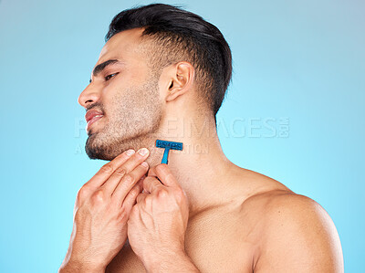 Buy stock photo Man, shaving beard and facial skincare cleaning for beauty wellness, morning grooming or self care in studio. Face cleaning, cosmetics dermatology care and shave with razor for self care hygiene