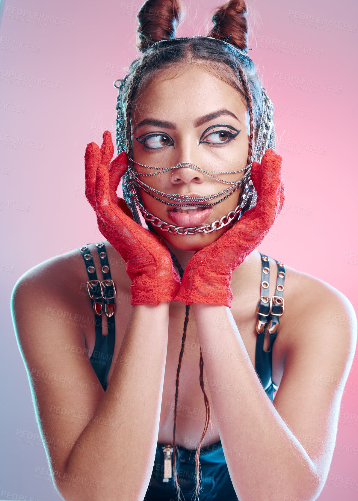 Buy stock photo BDSM, fetish and fashion with a model black woman in studio on a pink background for bondage, punk or rock. Leather, sexy and mask with a female inside for halloween or cosplay
