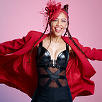 Punk, rock and woman with creative fashion, metal culture and happy with designer identity against a pink studio background. Leather style, edgy and portrait of a funky clothes model with a smile