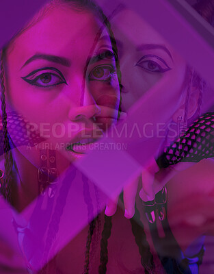 Buy stock photo Punk woman, studio portrait and fashion reflection with art makeup, dark cosmetics or goth beauty. Black woman, rock model and face shadow for cosmetic, bdsm and sexy with purple aesthetic background