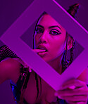 Woman punk, fashion frame and portrait in dark studio, edgy makeup and goth cosmetics with style. Model, black woman and beauty aesthetic with shadow, purple or lavender background with modern art
