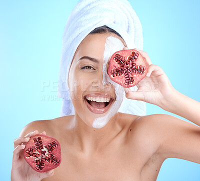 Buy stock photo Woman, face mask and pomegranate for spa beauty, luxury skincare wellness and natural skin glow portrait in studio. 
Model, happiness smile and facial dermatology or fruit cosmetics body nutrition