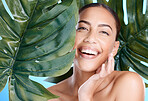 Beauty, leaf and nature, face with woman and skincare portrait, natural cosmetics with vegan, organic and eco friendly cosmetic care. Facial, healthy skin and wellness, dermatology and plant product.