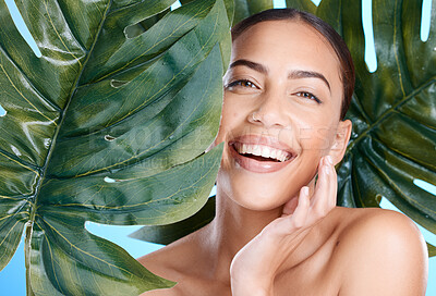 Buy stock photo Beauty, leaf and nature, face with woman and skincare portrait, natural cosmetics with vegan, organic and eco friendly cosmetic care. Facial, healthy skin and wellness, dermatology and plant product.