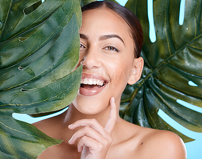 Buy stock photo Skincare, plant leaf and happy woman in model portrait after wellness facial, skin self care or cosmetics. Person with health, beauty and natural organic treatment with a smile from green dermatology
