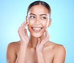 Face, skincare and beauty with a model black woman in studio on a blue background for natural treatment. Aesthetic,  luxury and wellness with an attractive young female posing to promote a product