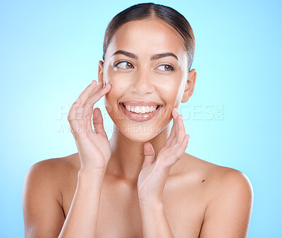 Buy stock photo Face, skincare and beauty with a model black woman in studio on a blue background for natural treatment. Aesthetic,  luxury and wellness with an attractive young female posing to promote a product