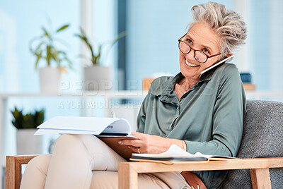 Buy stock photo Phone call, documents and senior business woman writing on a clipboard on a chair in her office at work. Smile, thinking and communication with a happy female employee talking using her mobile