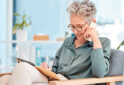 Buy stock photo Senior woman, office call and ceo phone communication of a consulting lawyer writing a schedule. Working, phone call and elderly legal worker talking about a corporate strategy and law firm vision