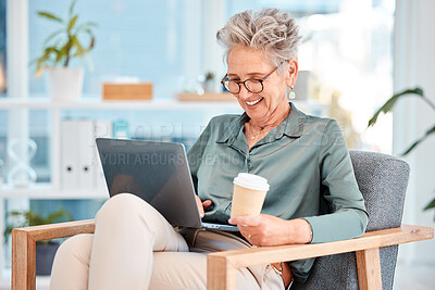 Buy stock photo Coffee, laptop and happy business woman networking, reading or typing an email at lunch in office building. Smile, relaxing or senior manager laughing at funny comedy online on 5g internet on a break