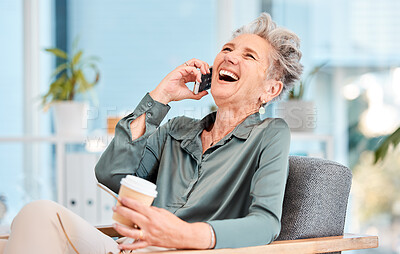 Buy stock photo Phone call, good news and laughing with a business woman, CEO or manager joking while talking in an office. Mobile, communication and networking with a senior female employee enjoying a laugh or joke