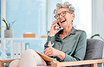 Business, woman and cheerful call for networking communication using wifi for professional entrepreneurship. Phone call, ceo and mature businesswoman laughing during conversation while writing notes
